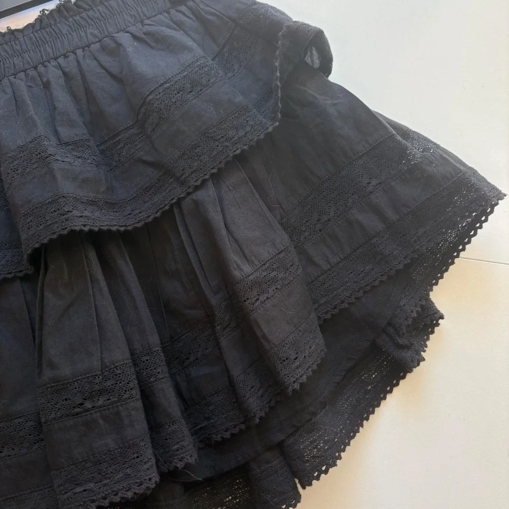 LoveShackFancy Ruffle Mini Skirt Women S Black Lace Tiered Smocked Cotton